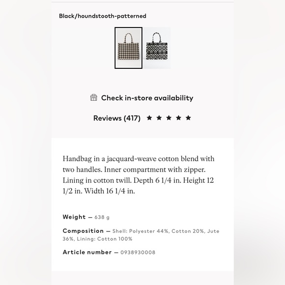 SOLD OUT H&M Jacquard Weave Houndstooth Handbag Tote. Black & White. NWT. - Picture 5 of 13